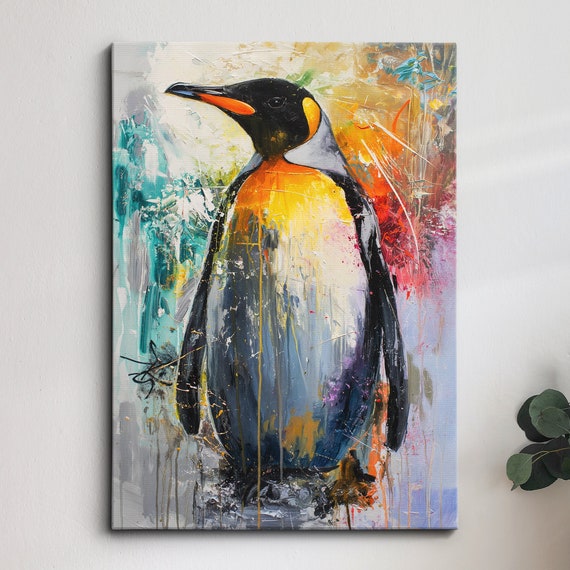 Beautiful Penguin Abstract Bird Animal Sea Oil Painting Splatter Style Wall Art Framed Canvas Poster Print Homeoffice Room Decor Gifts