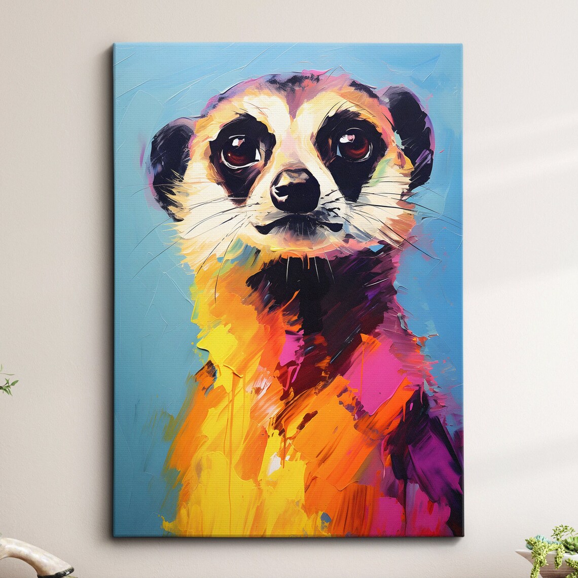 Colorful Meerkat Abstract Splatter Paint Animal Portrait Wall Art