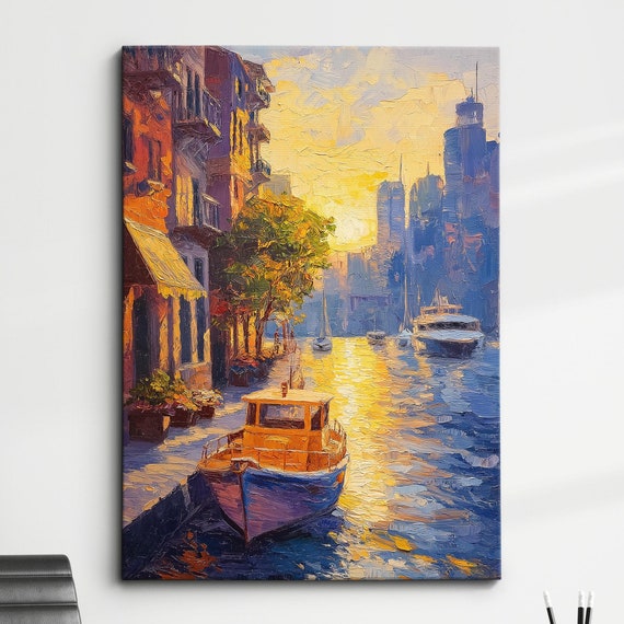 Port Jackson Bay Abstract Painting Palette Knife Strokes Style Wall Art Framed Canvas Poster Print Home Kitchen Living Room Decor Gift