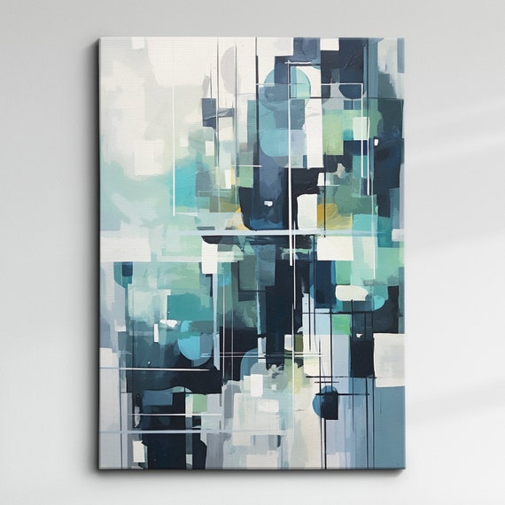 Blue Geometric Lines Abstract Oil Painting Strokes Style Wall Art Framed Canvas Poster Print Home Kitchen Living Room Decor Gift