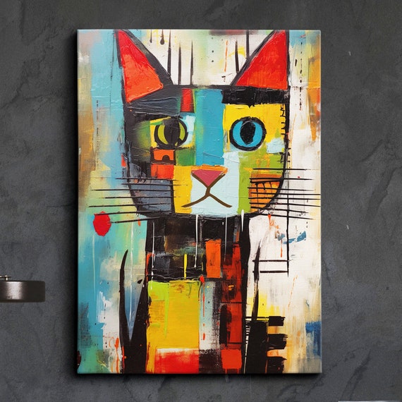 Fun Cat Picasso Basquiat Abstract Oil Painting Style Wall Art Framed Canvas Poster Print Home Kitchen Office Room Decor Gifts
