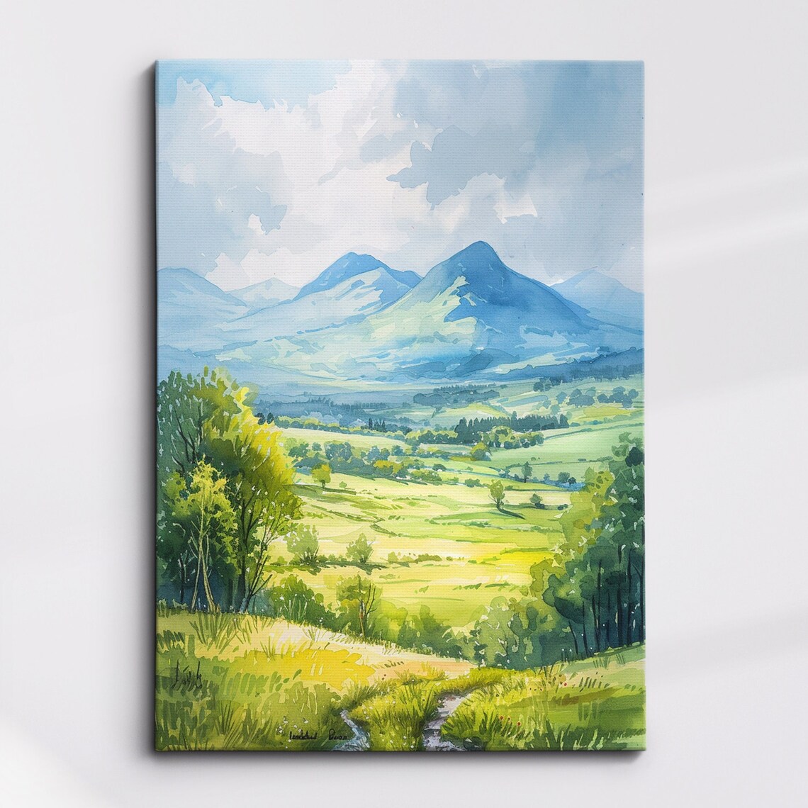 Sunlit Green Valley Watercolor Landscape Blue Mountains Poster