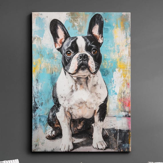 French Bulldog Palette Knife Painting Animal Dog Wall Art Abstract Oil Framed Canvas Poster Home Kitchen Living Room Decor Gifts