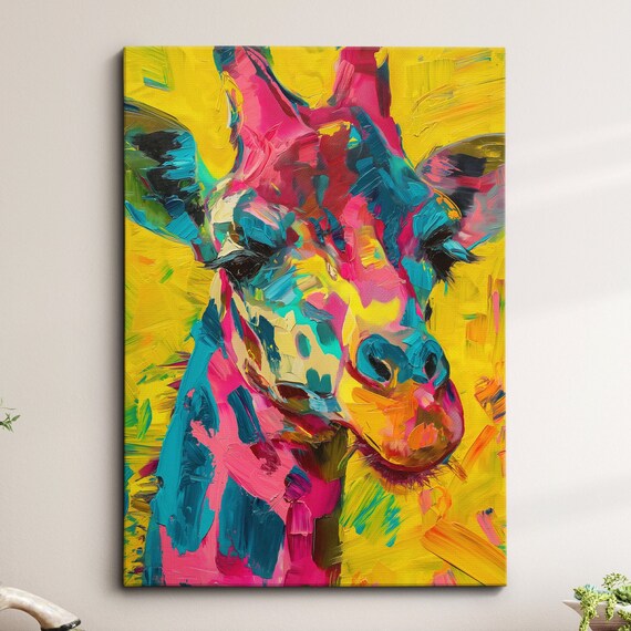Colorful Giraffe Abstract Oil Painting Splatter Style Wall Art Framed Canvas Poster Print Home Kitchen Living Room Decor Gifts