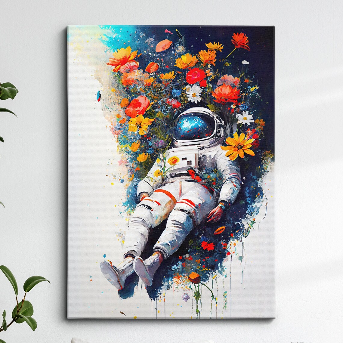 Astronaut Resting in Colorful Flowers Abstract Space Art Poster