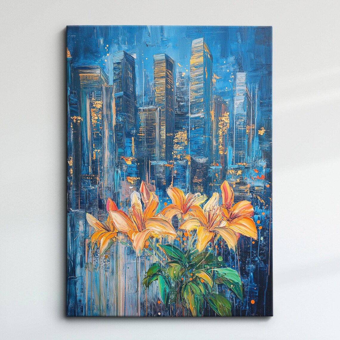 Blue Cityscape With Golden Lilies Impasto Oil Painting Poster