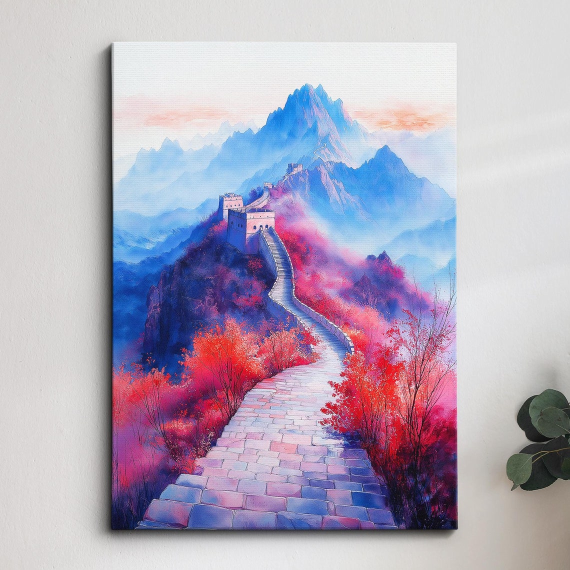 Great Wall of China Misty Blue Mountains Dreamy Watercolor Poster