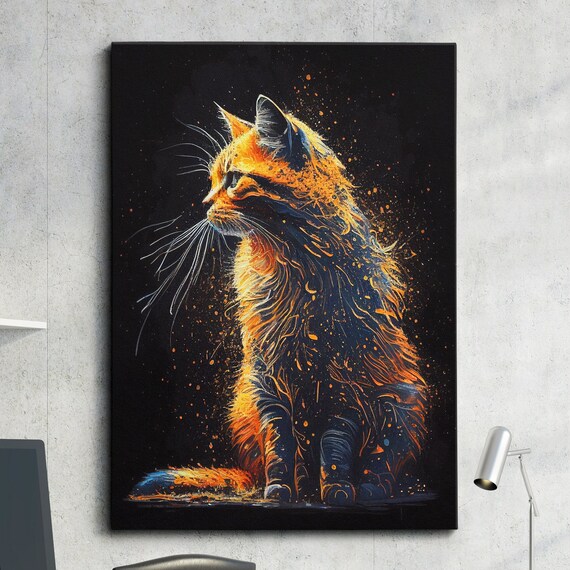 Long Haired Orange Cat Sitting in Profile Glowing Fire Splatter Art Poster