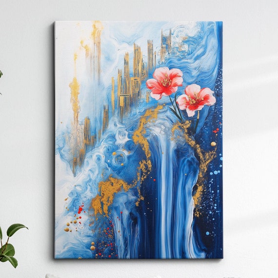 Modern Abstract Cityscape Canvas Blue Gold Skyline Wall Art Luxury Urban Oil Painting Framed Gift For Living Room Office Decor