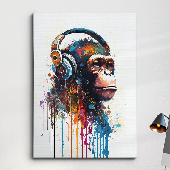 Monkey With Headphones Painting Splatter Wall Art Framed Canvas Poster Print Home Kitchen Office Room Decor Gifts