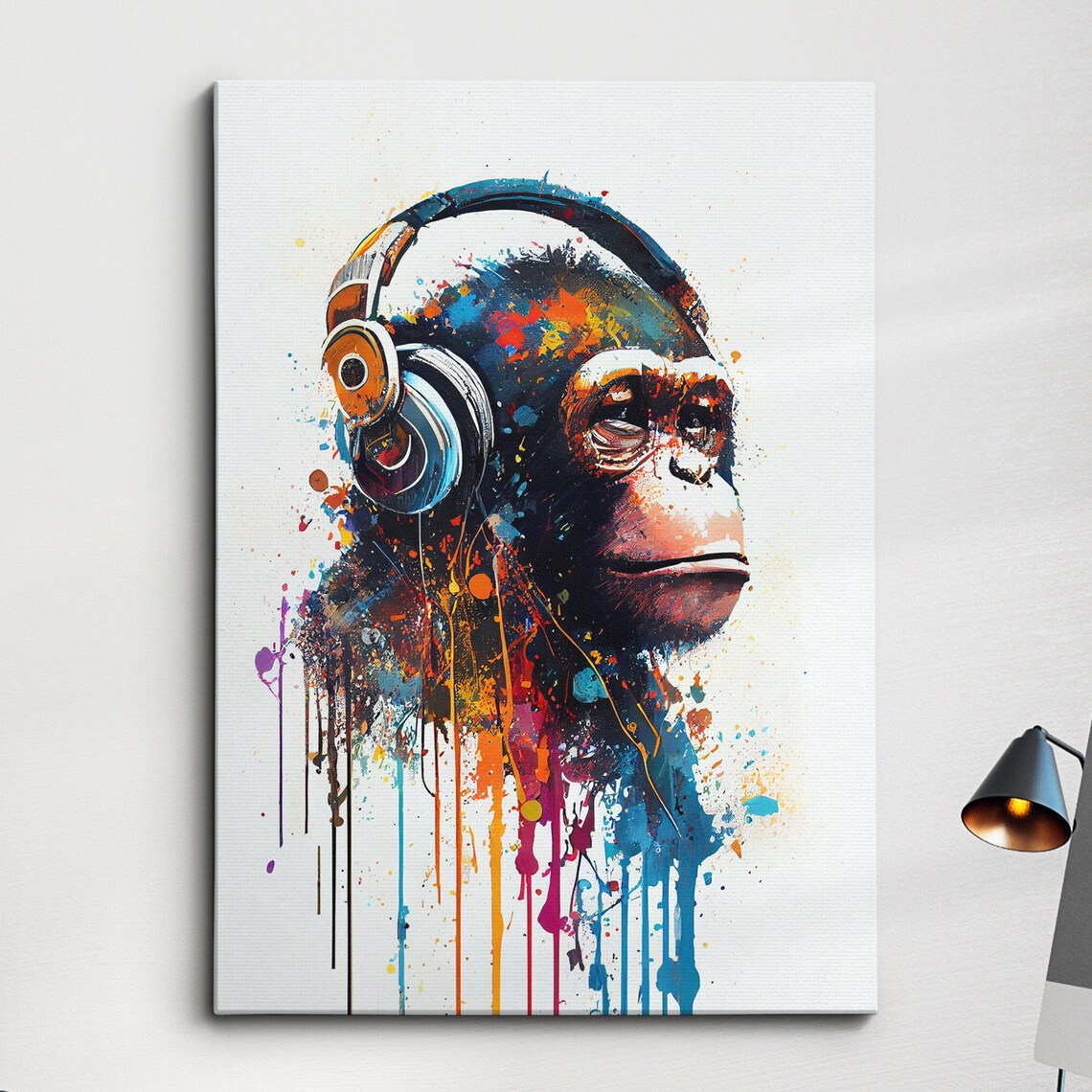 Monkey Wearing Headphones Colorful Paint Splatter Art Wall Print