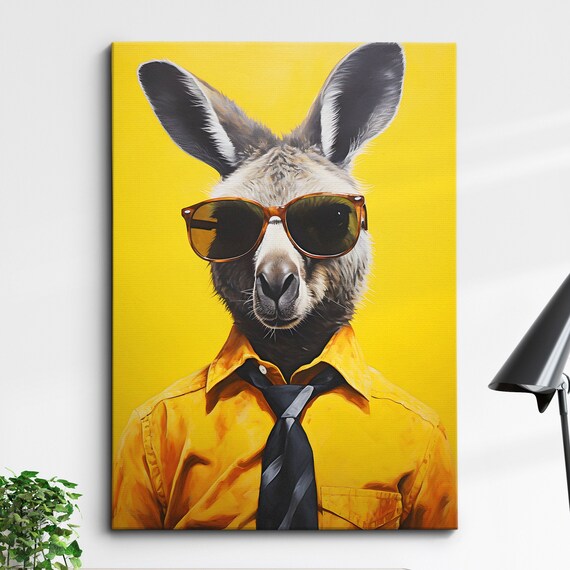 Kangaroo In Shirt Glasses Animal Abstract Oil Painting Splatter Style Wall Art Framed Canvas Poster Print Home Kitchen Office Room Decor