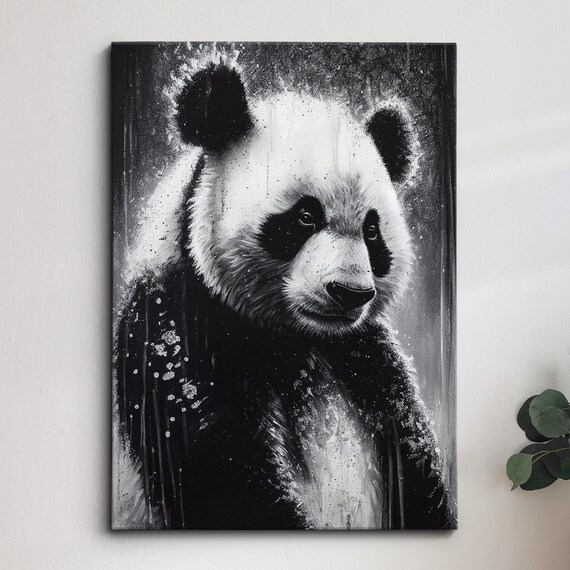Panda Black And White Animal Abstract Oil Painting Style Wall Art Framed Canvas Poster Print Home Kitchen Office Room Decor