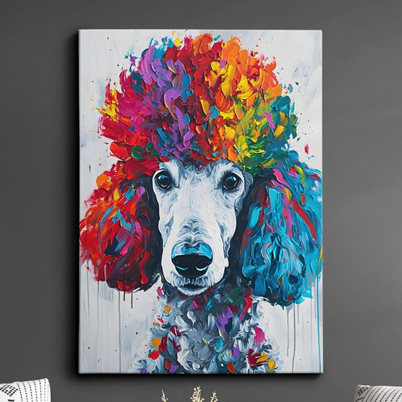 Colorful Poodle Fun Animal Dog Pet Lover Abstract Oil Painting Wall Art Framed Canvas Poster Print Home Kitchen Living Room Decor Gifts