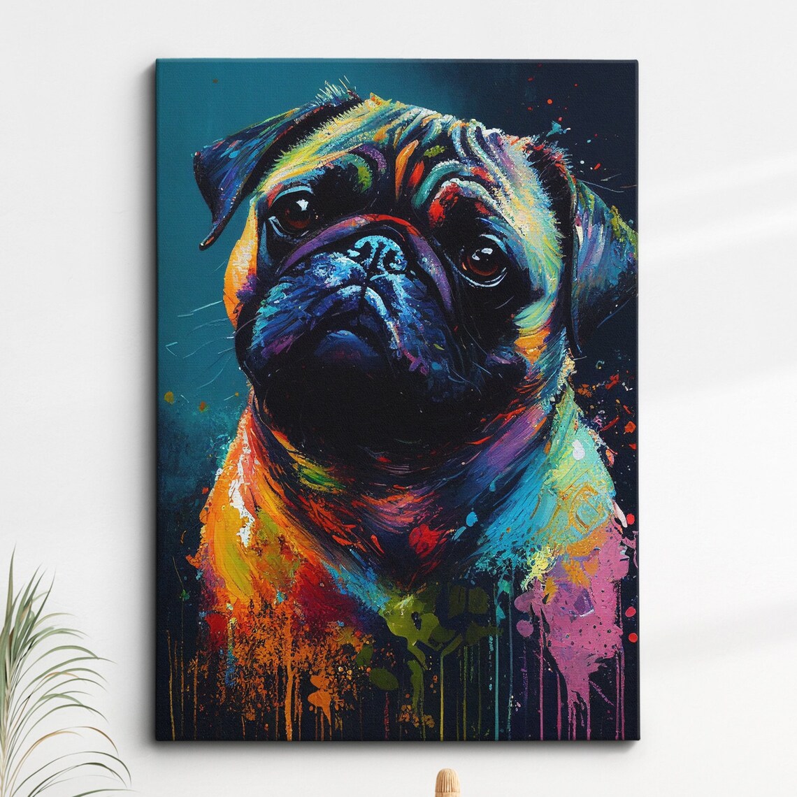 Pug Puppy Colorful Neon Splatter Abstract Oil Painting Poster