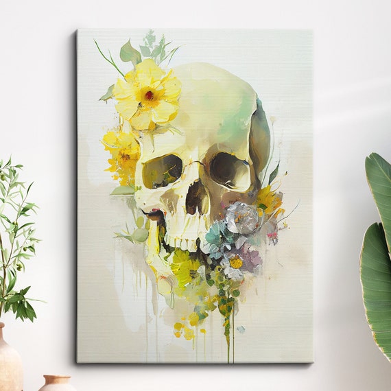 Beautiful Love Skull Flowers Modern Abstract Oil Painting Style Wall Art Framed Canvas Poster Print Home Kitchen Office Room Decor Gifts