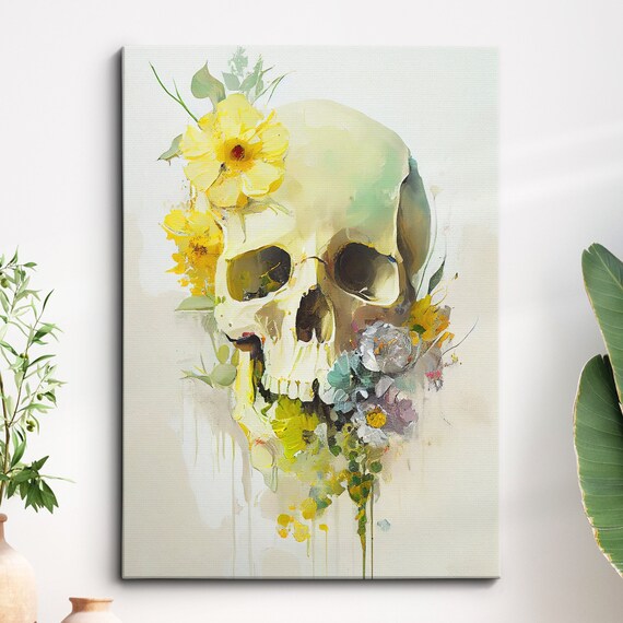 Watercolor Skull With Yellow Flowers Moody Floral Skeleton Art Poster