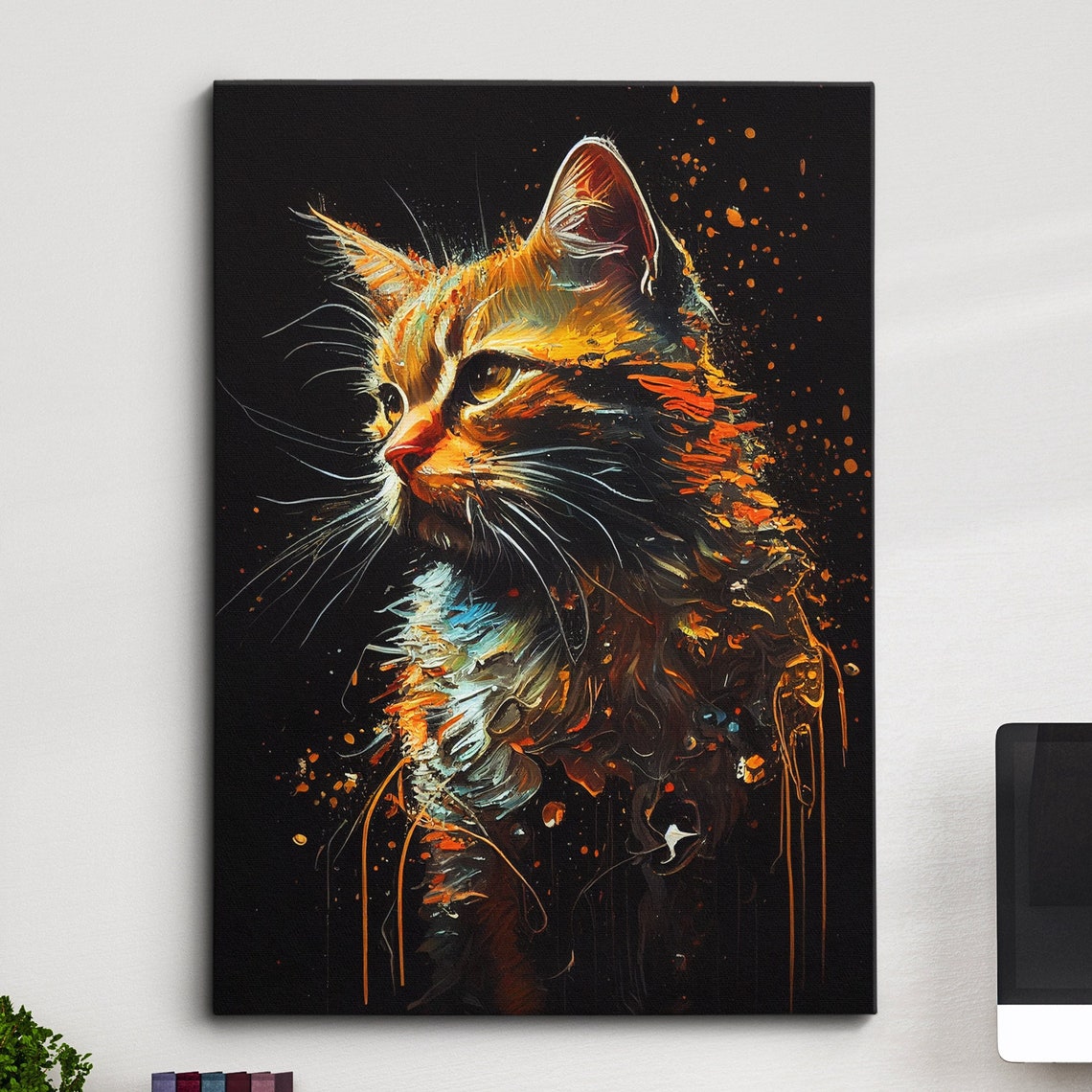 Orange Cat Head Abstract Paint Splatter Dark Canvas Art Poster