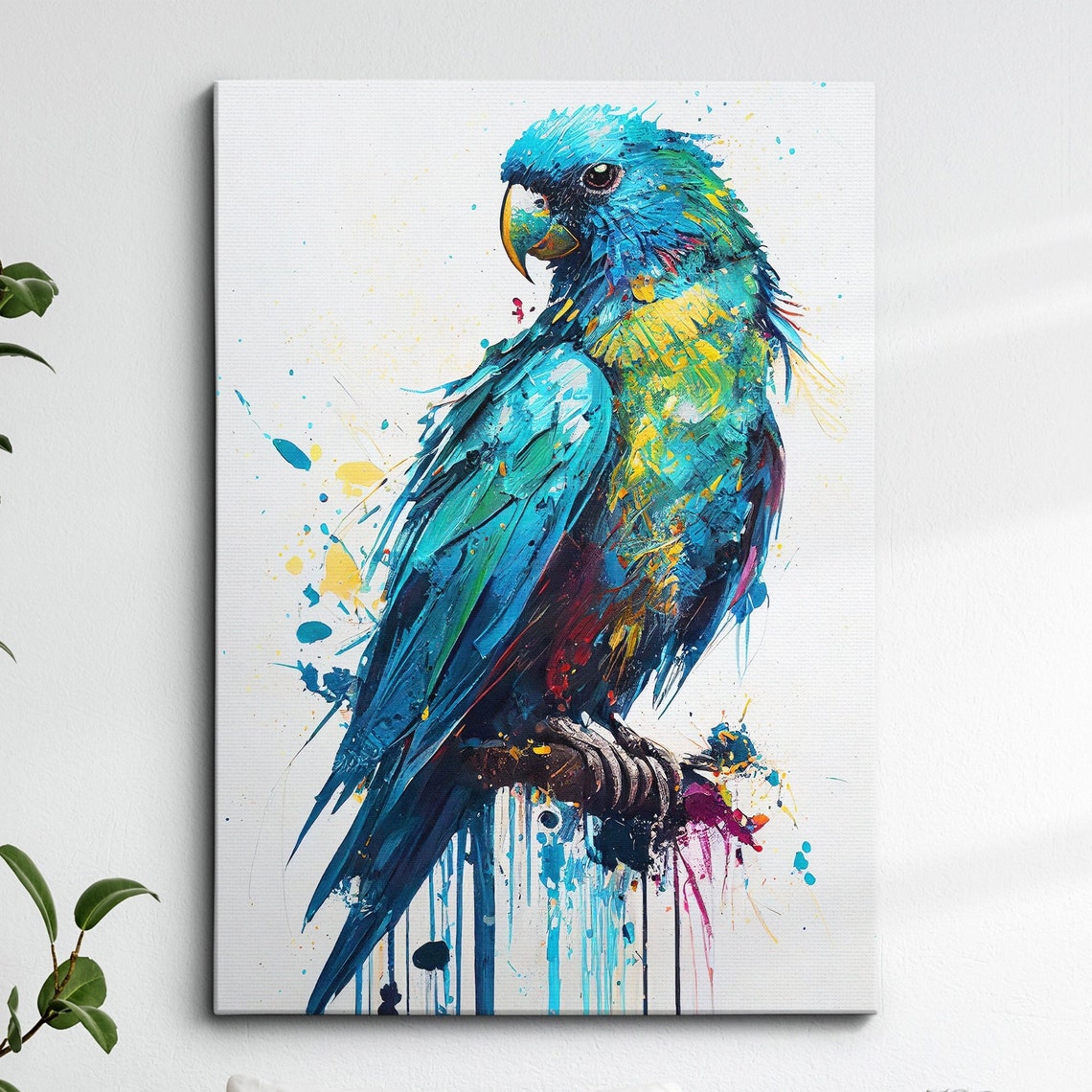 Vivid Turquoise Parrot Watercolor Splatter Abstract Bird Wall Art