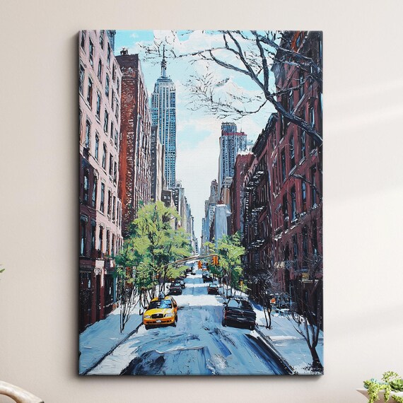 New York City Winter Snow Street Empire State Building Oil Painting Poster
