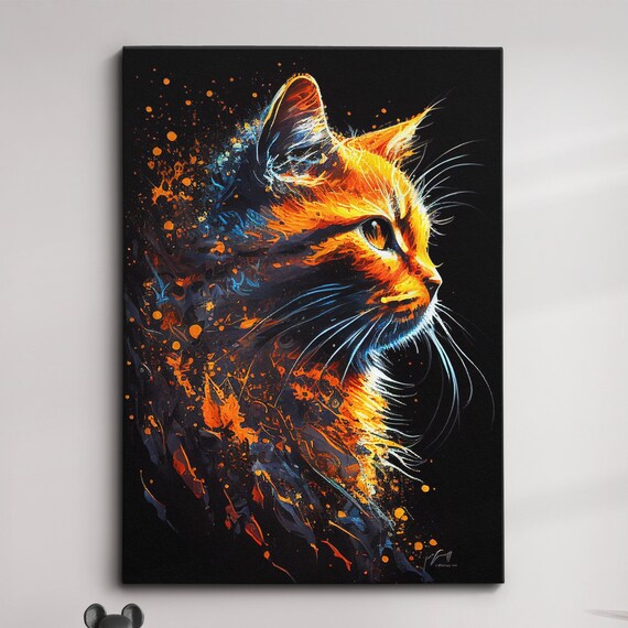 Ginger Cat Profile Dissolving into Fiery Orange Splatter Art on Black Poster