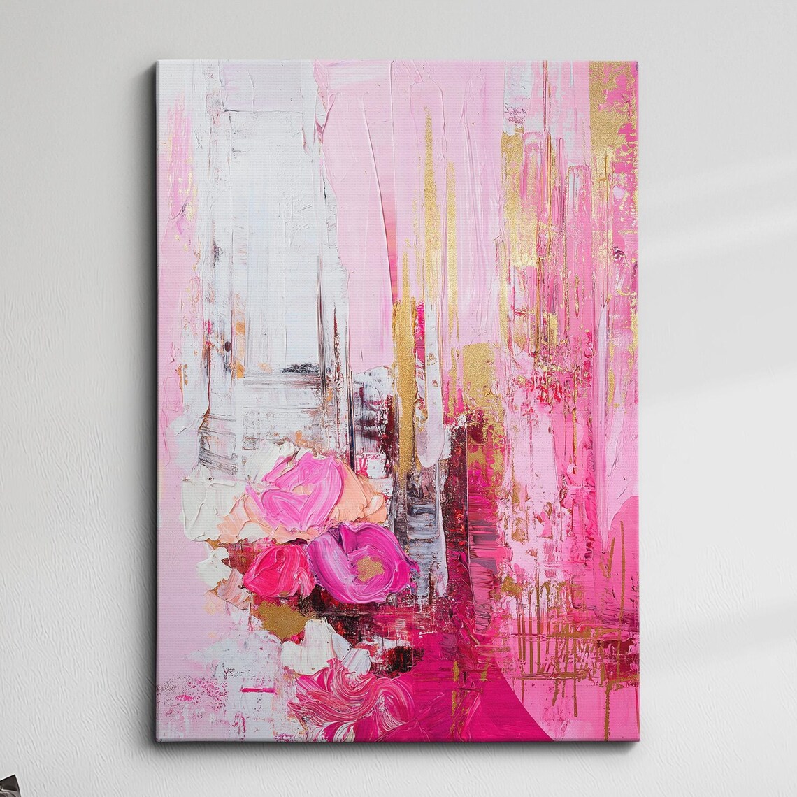 Pink Floral Impasto Roses Abstract Gold Painting Canvas Wall Art