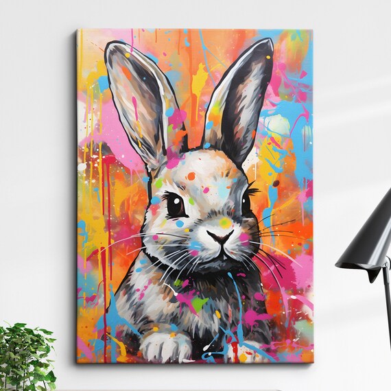 Fun Rabbit Graffiti Pet Animal Abstract Oil Painting Wall Art Framed Canvas Poster Print Home Kitchen Office Bedroom Decor Gift For Kids