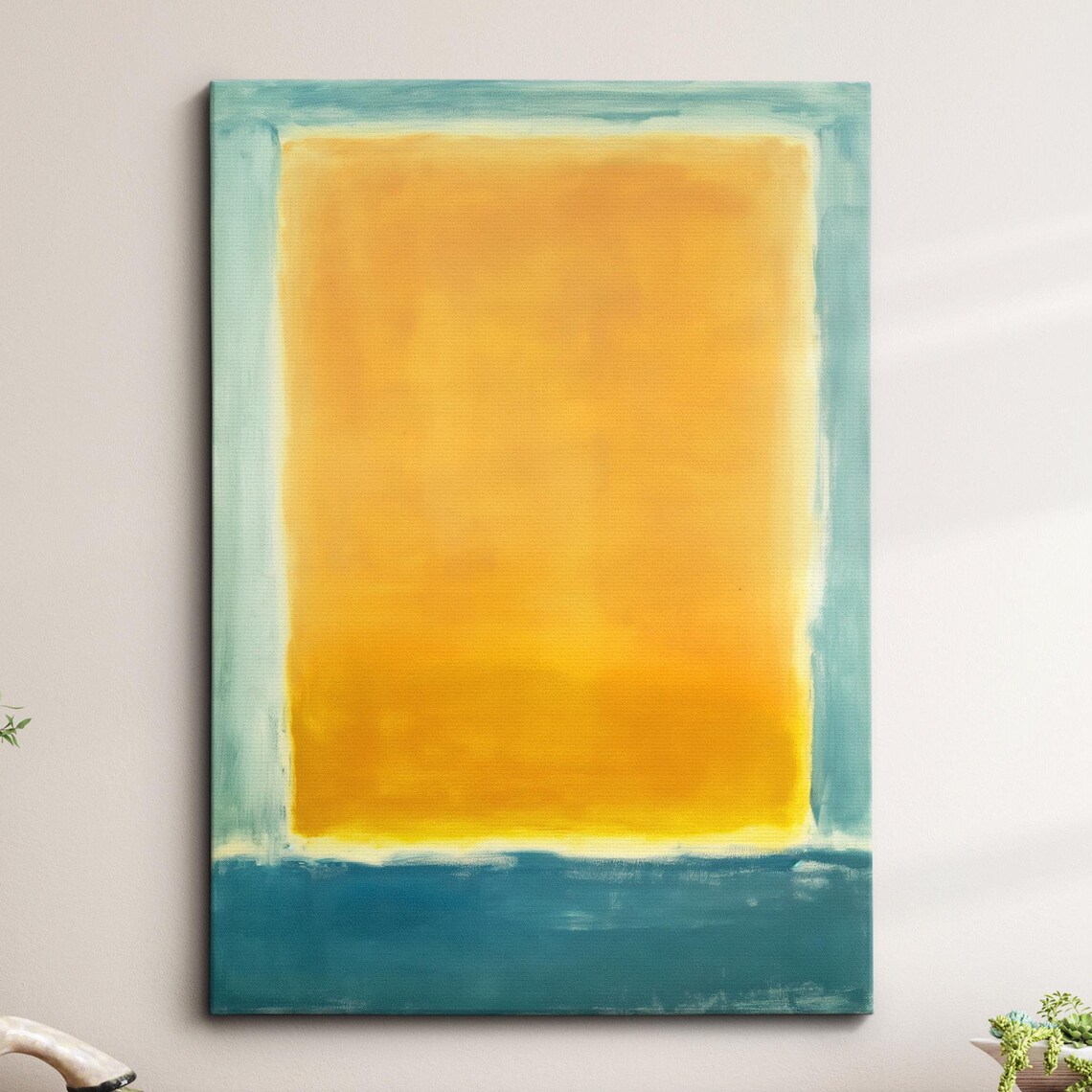 Abstract Golden Yellow Field in Teal Frame with Blue Base Print