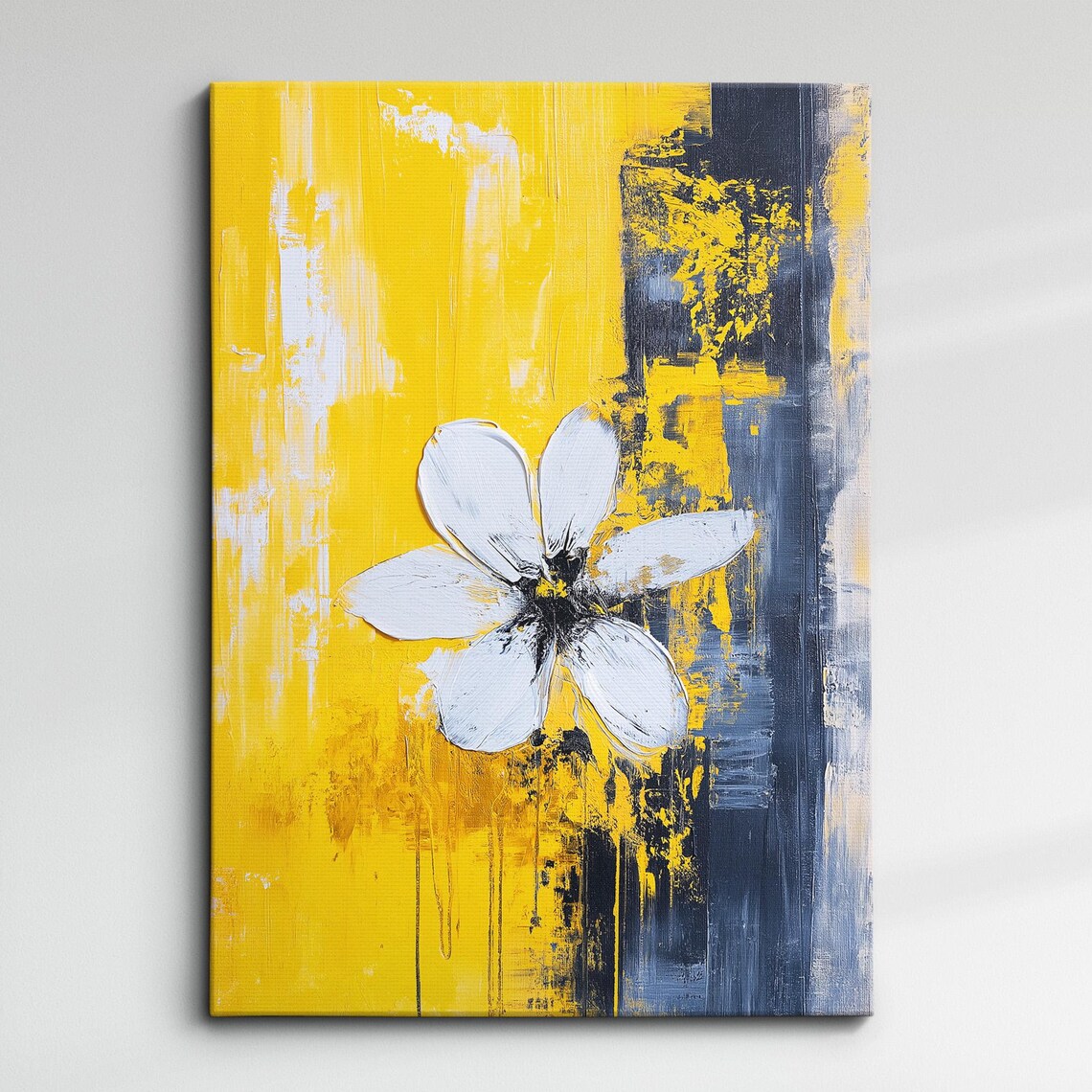 Yellow Black Abstract Flower Oil Painting Modern Textured Wall Art