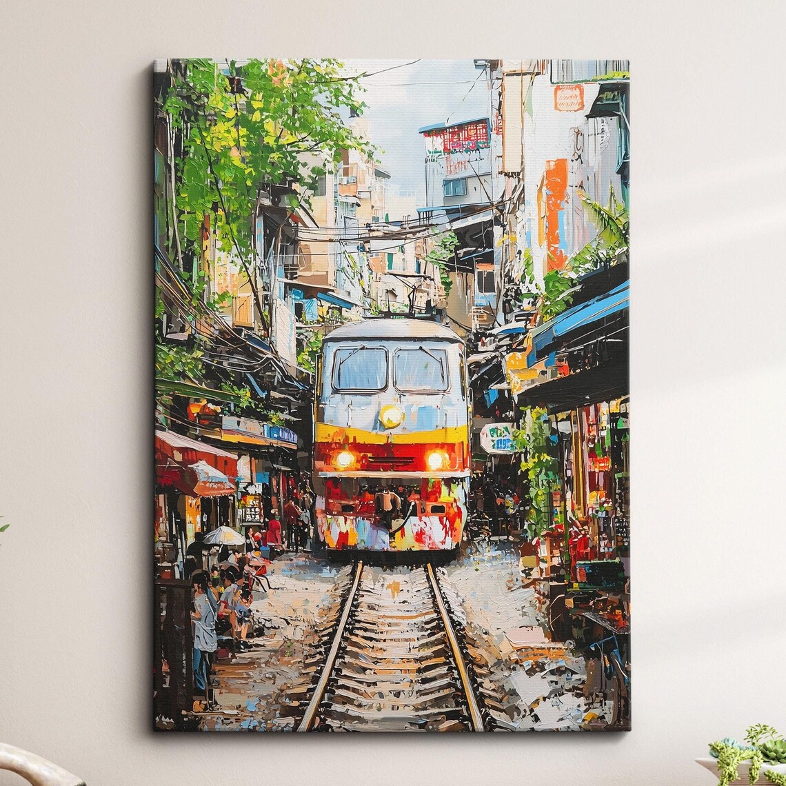 Hanoi Train Street Oil Painting Palette Knife Style Vietnam Wall Art Framed Canvas Poster Print Kitchen Living Room Home Decor Gifts