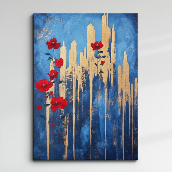 Blue Gold Skyline With Blooming Red Poppy Flowers Abstract Art Poster