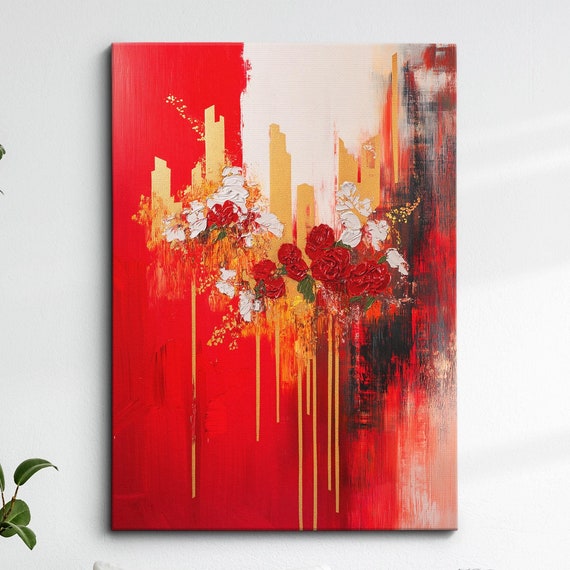 Modern Abstract Red White Minimalist Floral Oil Painting Wall Art Framed Canvas Poster Print Home Living Room Decor Gift Ideas