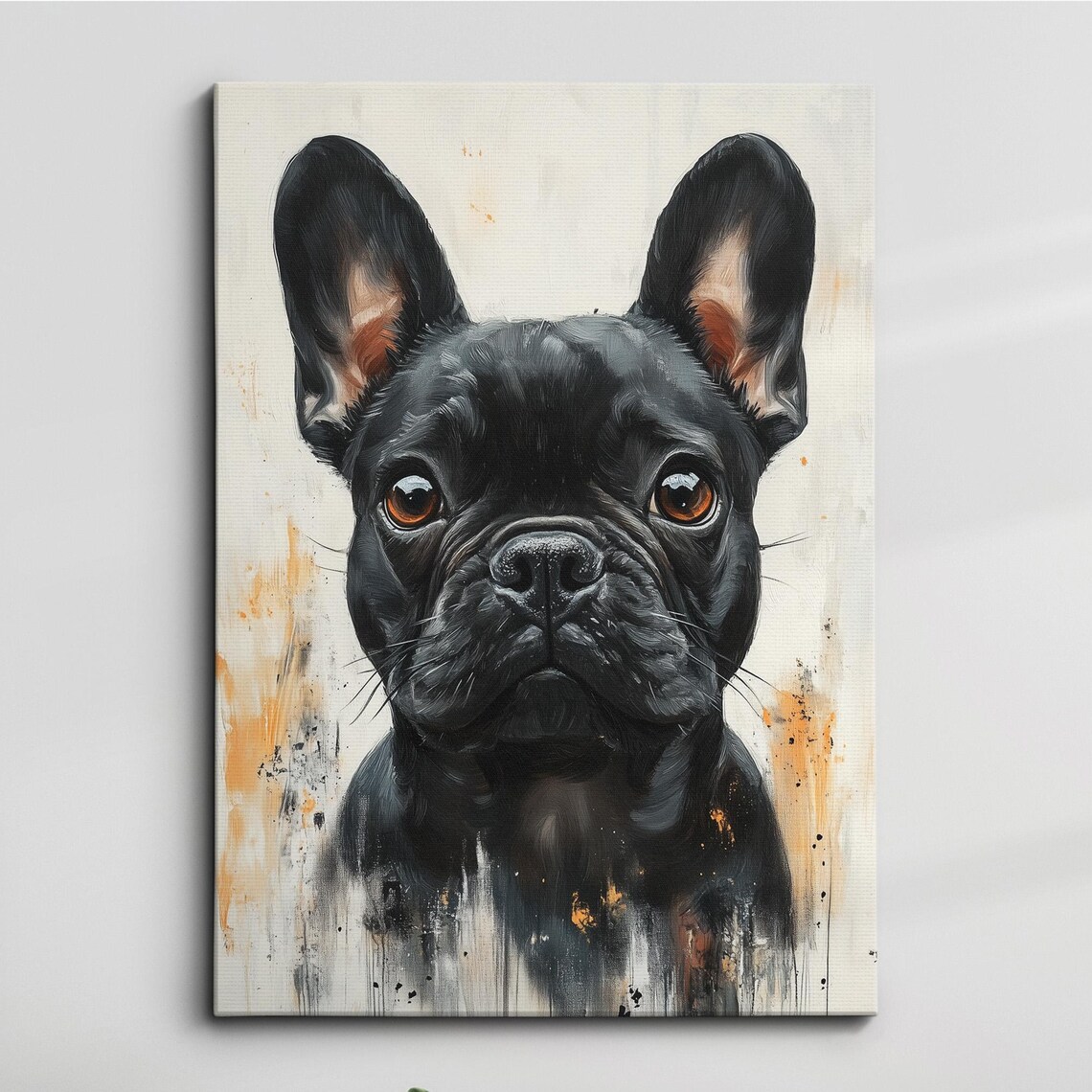 Black French Bulldog Portrait Oil Painting With Paint Splatters Poster