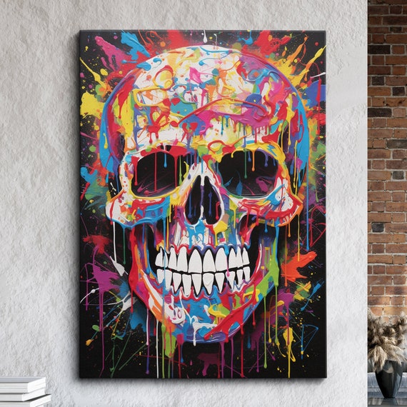 Colorful Dripping Skull Abstract Graffiti Paint Splatter Canvas Poster