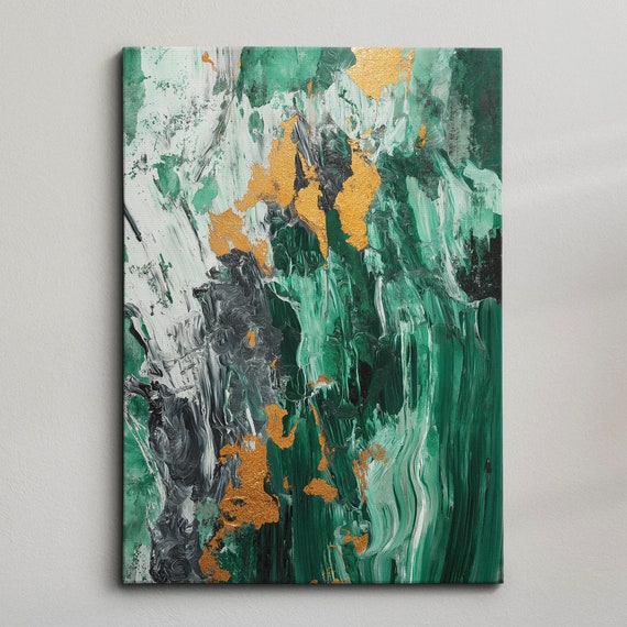 Modern Abstract Green Gold Minimalist Geometric Oil Painting Wall Art Framed Canvas Poster Print Home Living Room Decor Gift Ideas