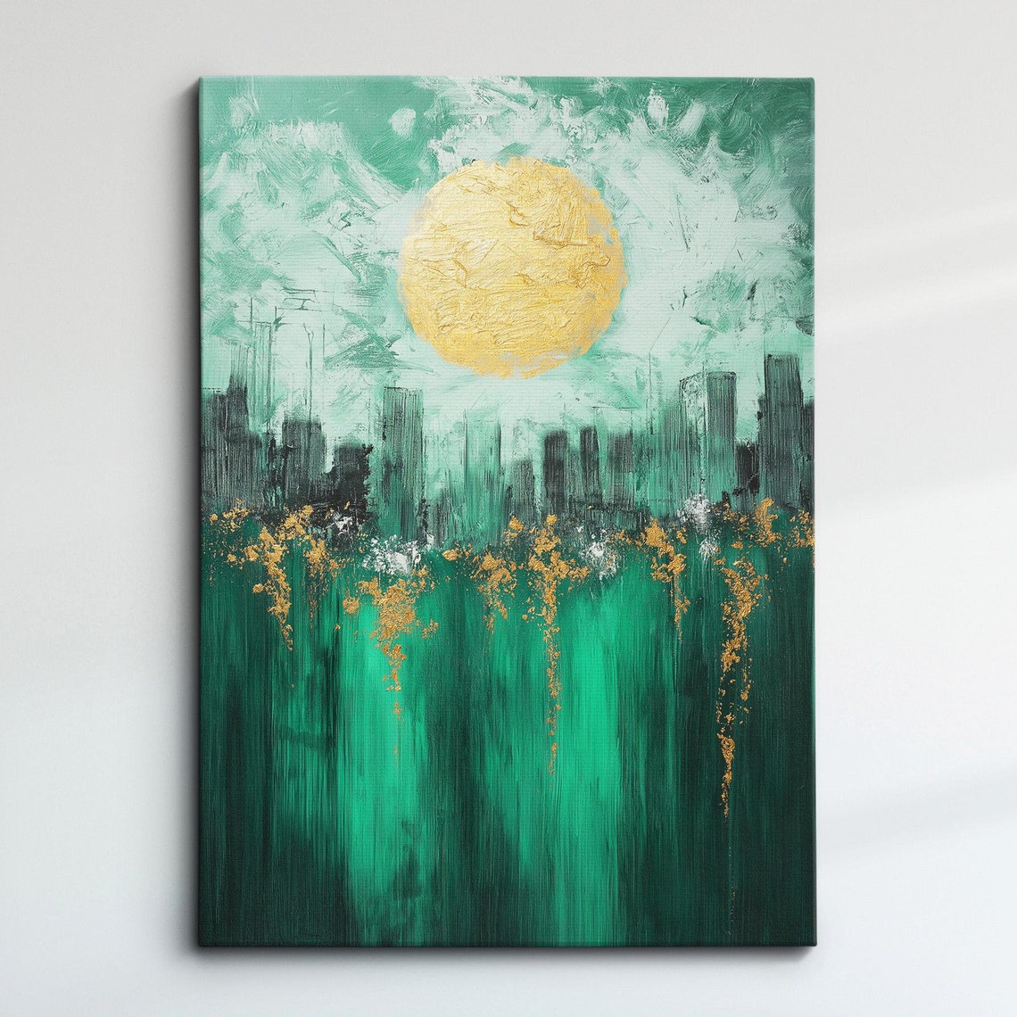 Emerald Green Cityscape With Golden Moon Abstract Canvas Wall Art