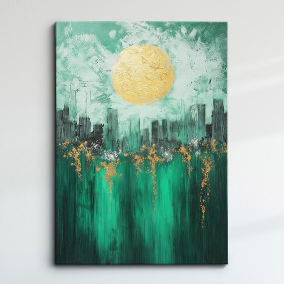Emerald Green Cityscape With Golden Moon Abstract Canvas Wall Art