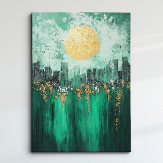 Modern Abstract Green Gold Cityscape Geometric Oil Painting Wall Art Framed Canvas Poster Print Home Living Room Decor Gift Ideas