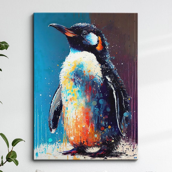 Beautiful Penguin Abstract Bird Animal Sea Oil Painting Splatter Style Wall Art Framed Canvas Poster Print Homeoffice Room Decor Gifts