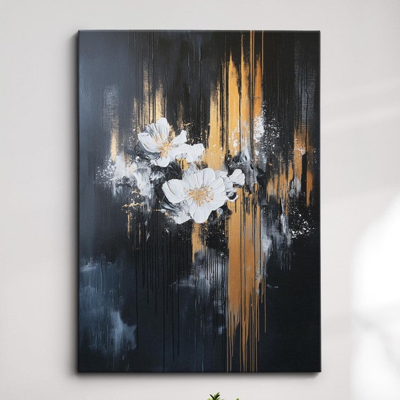 Modern Abstract Black Gold Minimalist Floral Geometric Oil Painting Wall Art Framed Canvas Poster Print Home Living Room Decor Gift