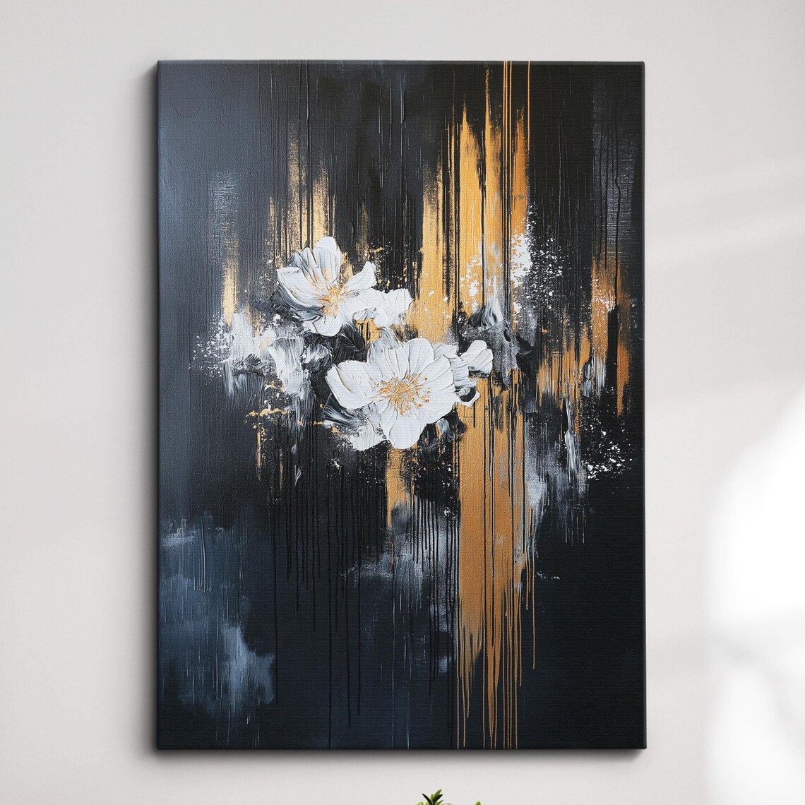 Black And Gold White Floral Abstract Painting Canvas Wall Art