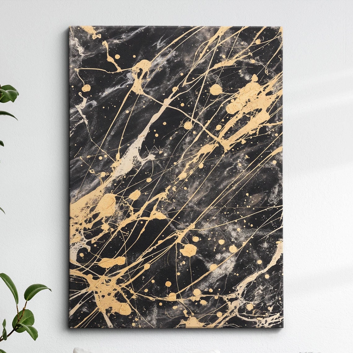 Dramatic Black and Gold Paint Splatter Modern Abstract Art Poster
