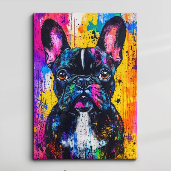 French Bulldog Paint Splash Dog Pet Abstract Modern Painting Wall Art Oil Framed Canvas Poster Home Kitchen Office Room Decor