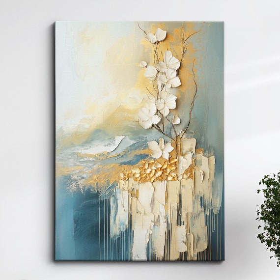 Modern Abstract Blue Gold Minimalist Floral Oil Painting Wall Art Framed Canvas Poster Print Home Living Room Decor Gift Ideas