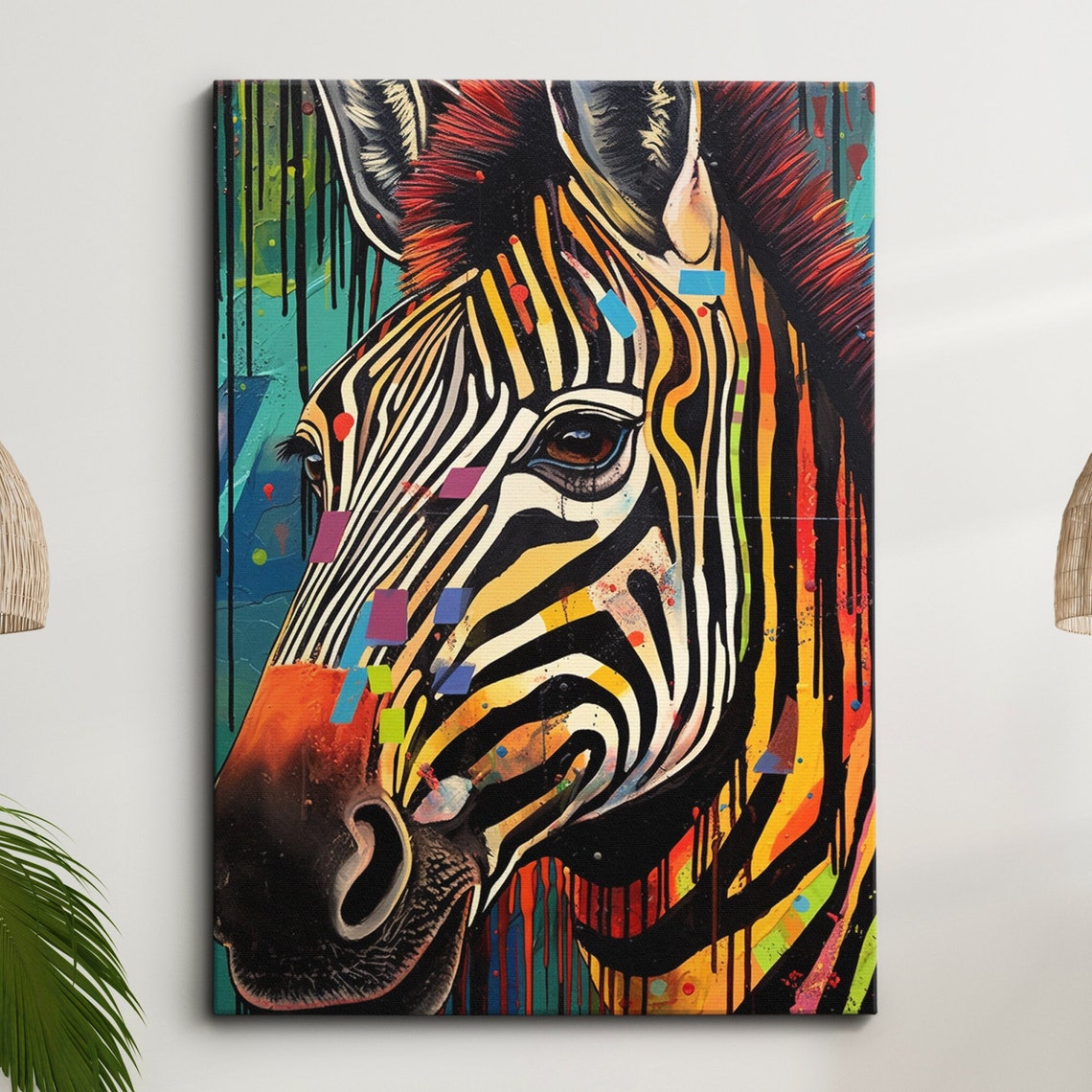 Colorful Zebra Graffiti Portrait Dripping Paint Modern Wall Art