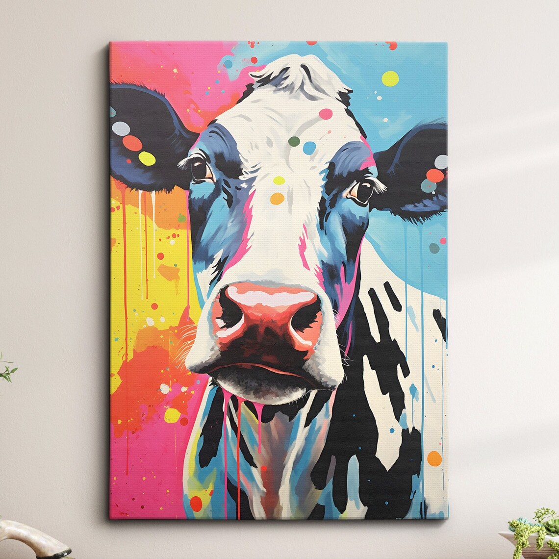 Colorful Curious Cow Neon Pop Art Paint Splatter Canvas Poster