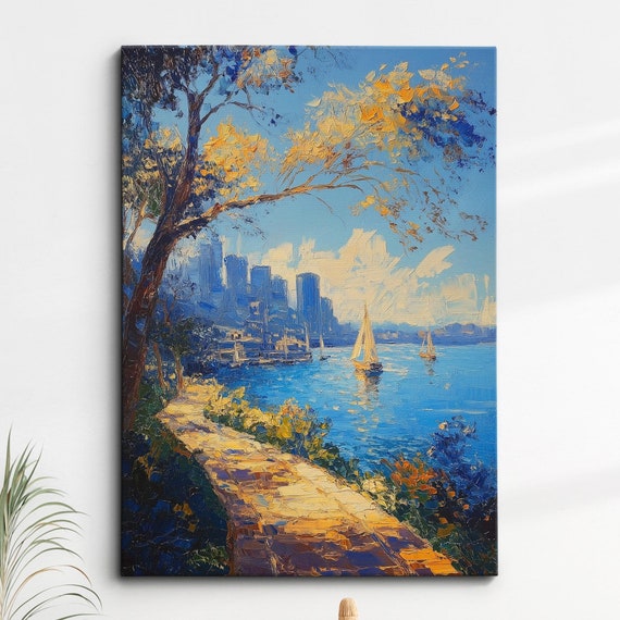 Port Jackson Bay Abstract Painting Palette Knife Strokes Style Wall Art Framed Canvas Poster Print Home Kitchen Living Room Decor Gift