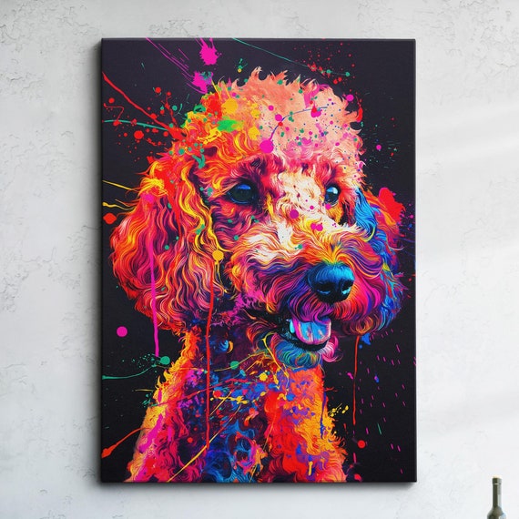 Colorful Poodle Fun Animal Dog Pet Lover Abstract Oil Painting Wall Art Framed Canvas Poster Print Home Kitchen Living Room Decor Gifts