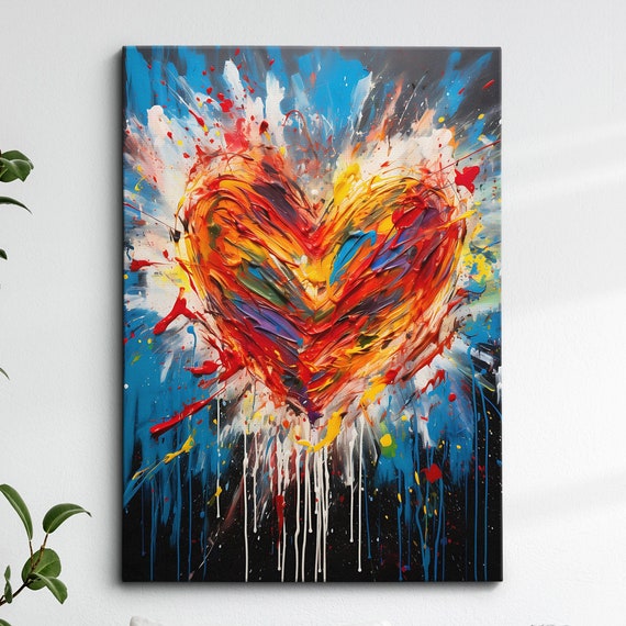 Beautiful Love Heart Burst Modern Abstract Oil Painting Style Wall Art Framed Canvas Poster Print Home Kitchen Office Room Decor Gifts