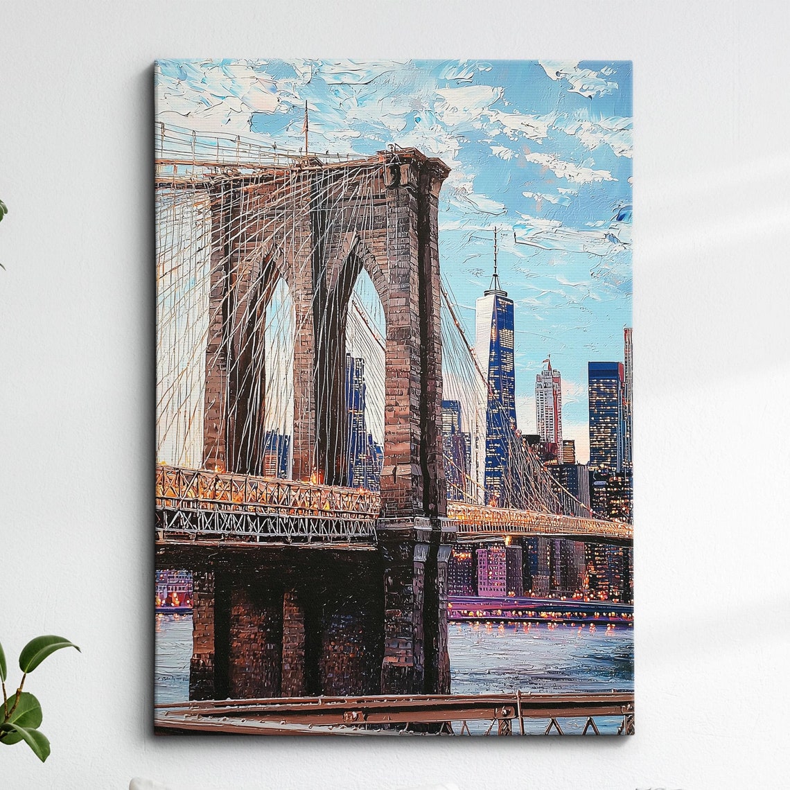 Brooklyn Bridge at Dusk With City Lights Palette Knife Art Poster